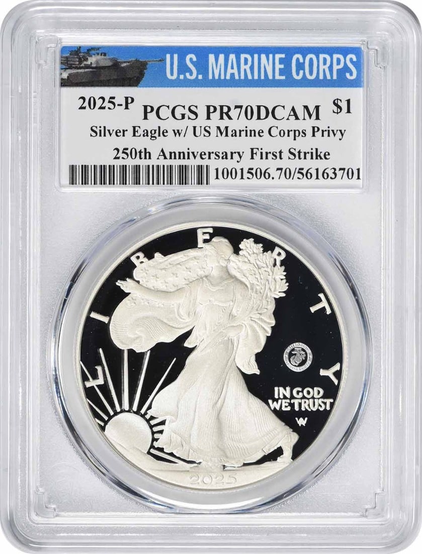 2025 American Eagle Proof Silver 1 oz PR70 PCGS Marine Corps 250th Anniversary: 2025 American Eagle Proof Silver 1 oz PR70 PCGS Marine Corps 250th Anniversary This is a 2025-P American Silver Eagle coin featuring a special Marine Corps 250th Anniversary privy mark. Struck at the