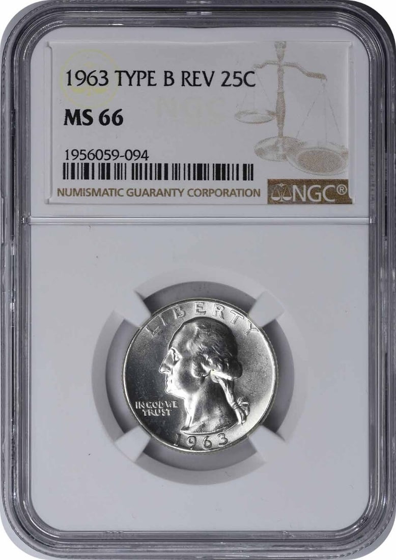 1963 NGC MS66 Washington Silver Quarter Type B Reverse 25C: 1963 NGC MS66 Washington Silver Quarter Type B Reverse 25C This 1963 Washington Silver Quarter features a Type B reverse and is graded MS66 by NGC, indicating its uncirculated condition. Struck at the
