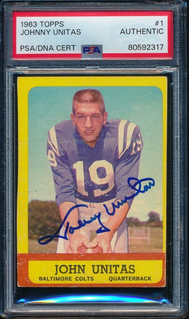 1963 Topps Football Card 1 Johnny Unitas Autograph PSA DNA Baltimore Colts: 1963 Topps Football Card 1 Johnny Unitas Autograph PSA DNA Baltimore Colts This is an original 1963 Topps #1 football card featuring Johnny Unitas of the Baltimore Colts. The card is signed by Johnny