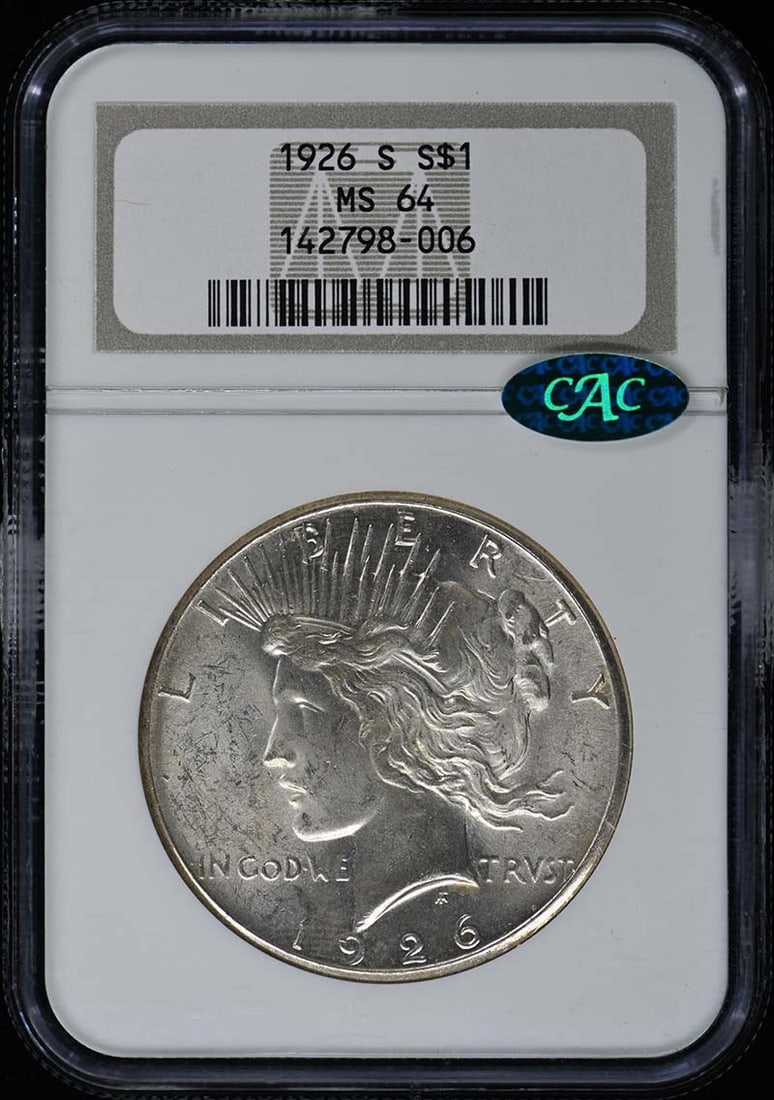 1926-S Peace Dollar NGC MS64 CAC Certified Coin: 1926-S Peace Dollar NGC MS64 CAC Certified Coin This 1926-S Peace Dollar is a remarkable example of United States coinage, certified by NGC with a grade of MS64. Struck at the San Francisco Mint, this