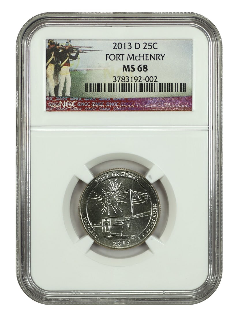 2013-D Fort McHenry 25C NGC MS68 Type 1 Clad Quarter: 2013-D Fort McHenry 25C NGC MS68 Type 1 Clad Quarter This 2013-D 25C Fort McHenry National Park quarter is a stunning example of numismatic excellence, graded MS68 by NGC, indicating its pristine cond