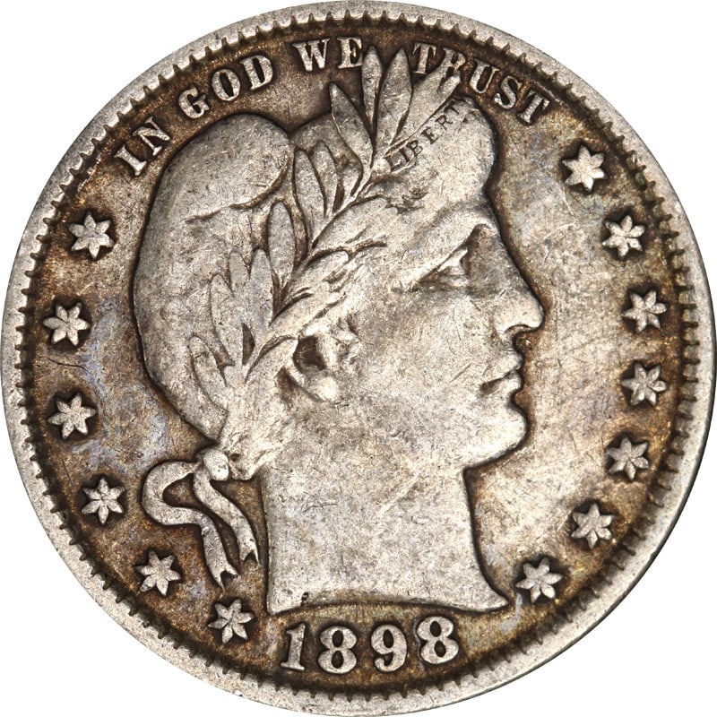 1898 Philadelphia Mint Silver Barber Quarter Dollar United States: 1898 Philadelphia Mint Silver Barber Quarter Dollar United States This is a 1898-P Barber Quarter from the United States. The coin is composed of silver with a fineness of 0.9 and was minted in Philad
