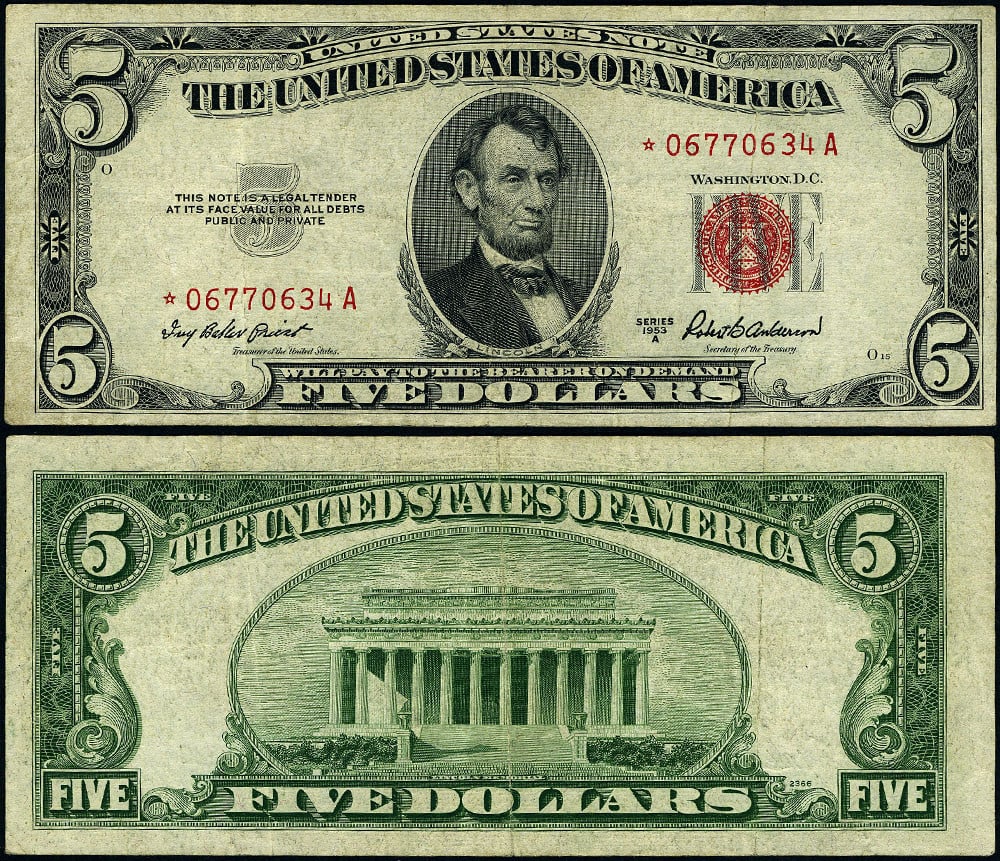 1953-A $5 Legal Tender Star Note FR. 1533 Circulated VF+: 1953-A $5 Legal Tender Star Note FR. 1533 Circulated VF+ This is a 1953-A $5 Legal Tender note, graded VF+ (Very Fine Plus). It features original paper quality with vibrant color and appealing eye app