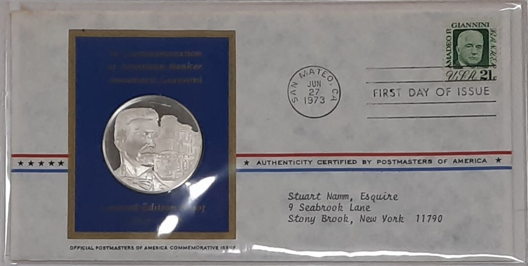 Sterling Silver 1973 Postmasters of America Medal Honoring A Giannini: Sterling Silver 1973 Postmasters of America Medal Honoring A Giannini This 1973 Postmasters of America commemorative medal honors banker Amadeo P. Giannini, founder of what would become Bank of Americ
