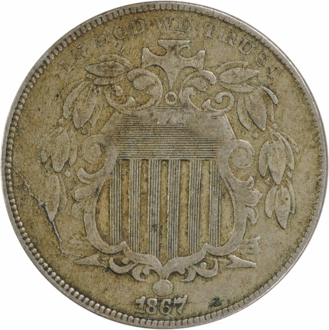 1867 Shield Nickel No Rays VF Uncertified 5C Copper Nickel: 1867 Shield Nickel No Rays VF Uncertified 5C Copper Nickel This 1867 Shield Nickel, featuring no rays, is a captivating piece of numismatic history. Minted in Philadelphia, this coin is part of the Un