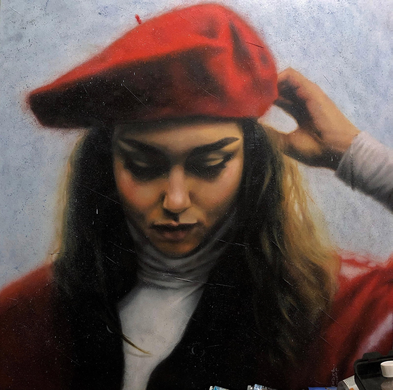 Dmitriy Krestniy Vintage Figurative Oil Painting 39x39 2020: Dmitriy Krestniy Vintage Figurative Oil Painting 39x39 2020 This captivating vintage portrait figurative oil painting by Dmitriy Krestniy measures 39" x 39" and showcases a unique blend of glamour and