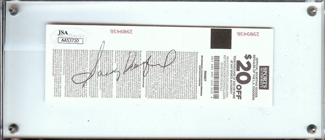 Sandy Koufax Autographed 2013 Dodgers Opening Day Ticket JSA Authenticated: Sandy Koufax Autographed 2013 Dodgers Opening Day Ticket JSA Authenticated Celebrate the legacy of baseball with this authentic ticket stub from the 2013 LA Dodgers Opening Day, hand signed by the leg