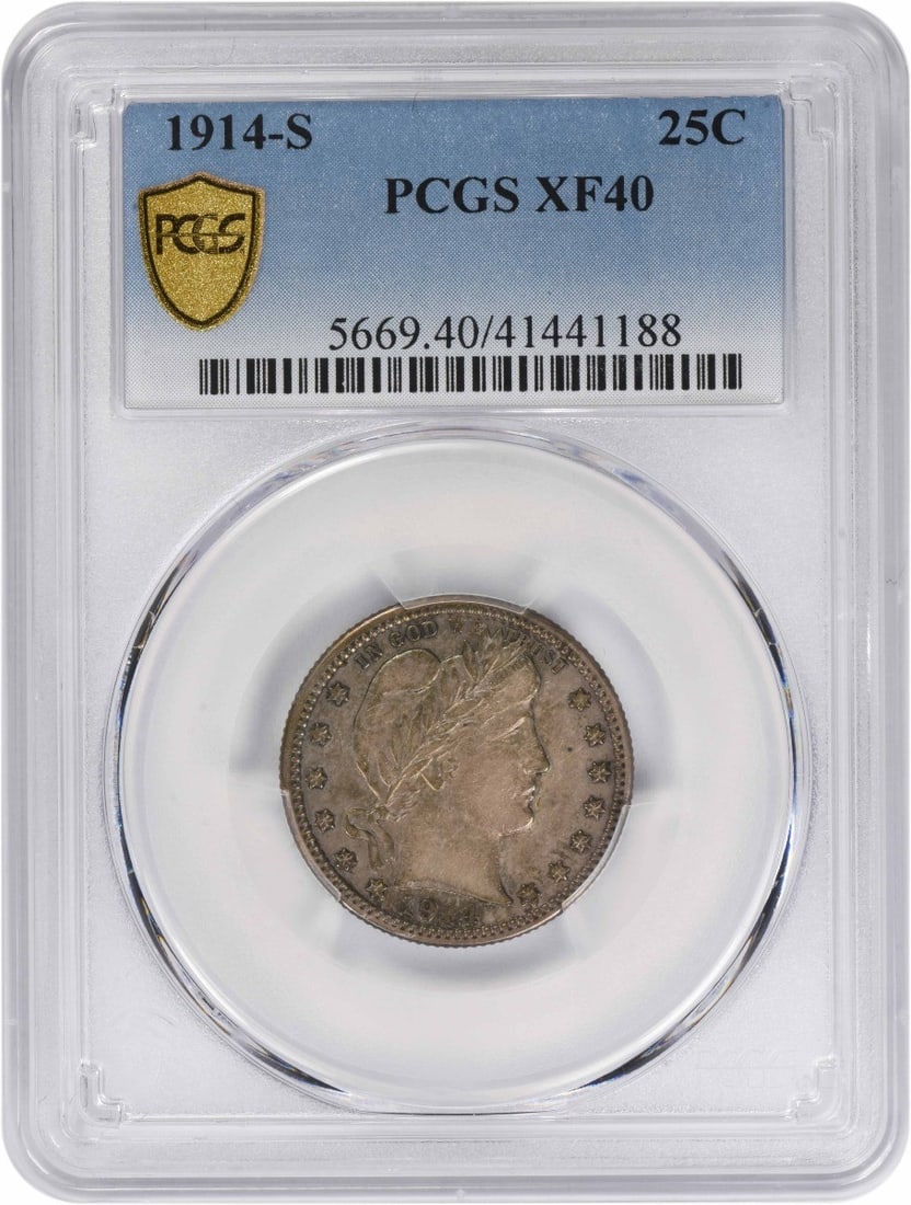 1914 San Francisco Barber Quarter 90 Percent Silver Certified EF40 by PCGS: 1914 San Francisco Barber Quarter 90 Percent Silver Certified EF40 by PCGS This 1914-S Barber Quarter is graded EF40 by PCGS and was minted in San Francisco. Featuring the classic design by Charles E.
