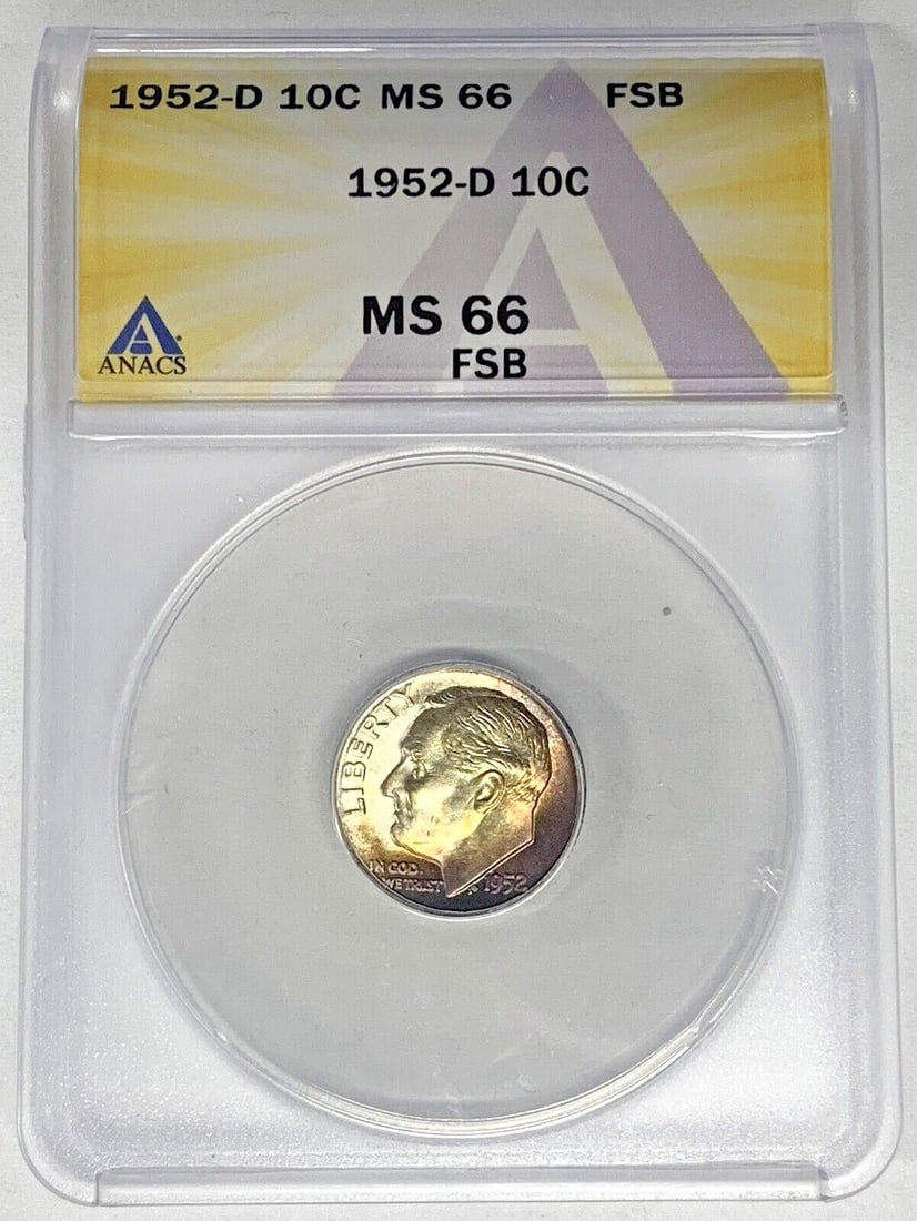 ANACS MS 66 Roosevelt Dime 1952-D Silver Toned 10C Coin Full Bands: ANACS MS 66 Roosevelt Dime 1952-D Silver Toned 10C Coin Full Bands This is a 1952-D Roosevelt Dime 10-cent coin from the United States, composed of silver. The coin is uncirculated and has been graded