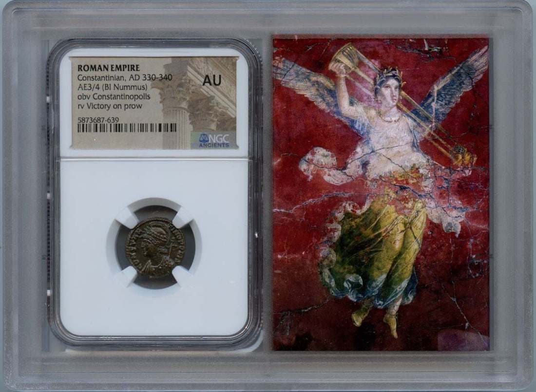 NGC AU50 Ancient Roman Empire AE3/4 Coin Constantinian Era AD 330-340: NGC AU50 Ancient Roman Empire AE3/4 Coin Constantinian Era AD 330-340 This is an Ancient Roman AE3/4 coin from the reign of Constantinian, dated AD 330-340. The coin has been graded AU50 by NGC and co