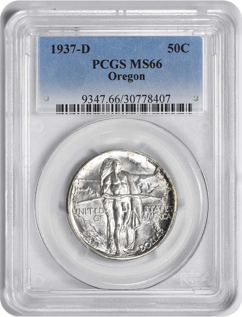 1937-D Oregon Silver Half Dollar MS66 PCGS Uncirculated Commemorative Coin: 1937-D Oregon Silver Half Dollar MS66 PCGS Uncirculated Commemorative Coin This 1937-D Oregon Commemorative Silver Half Dollar, graded MS66 by PCGS, is a stunning piece of numismatic history. It featu