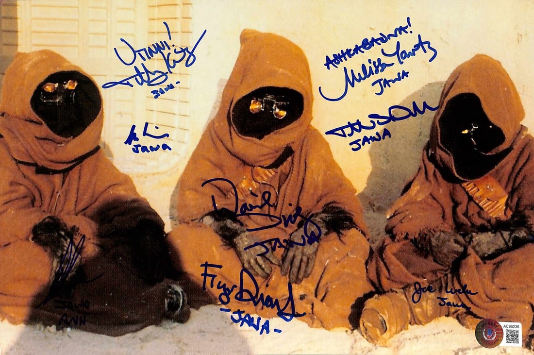 Star Wars Jawa Autographed Photo by 8 Actors Beckett LOA: Star Wars Jawa Autographed Photo by 8 Actors Beckett LOA This is an original autographed color photograph measuring 9 1/2x11 inches, featuring eight signatures from actors who portrayed Jawas in "Star