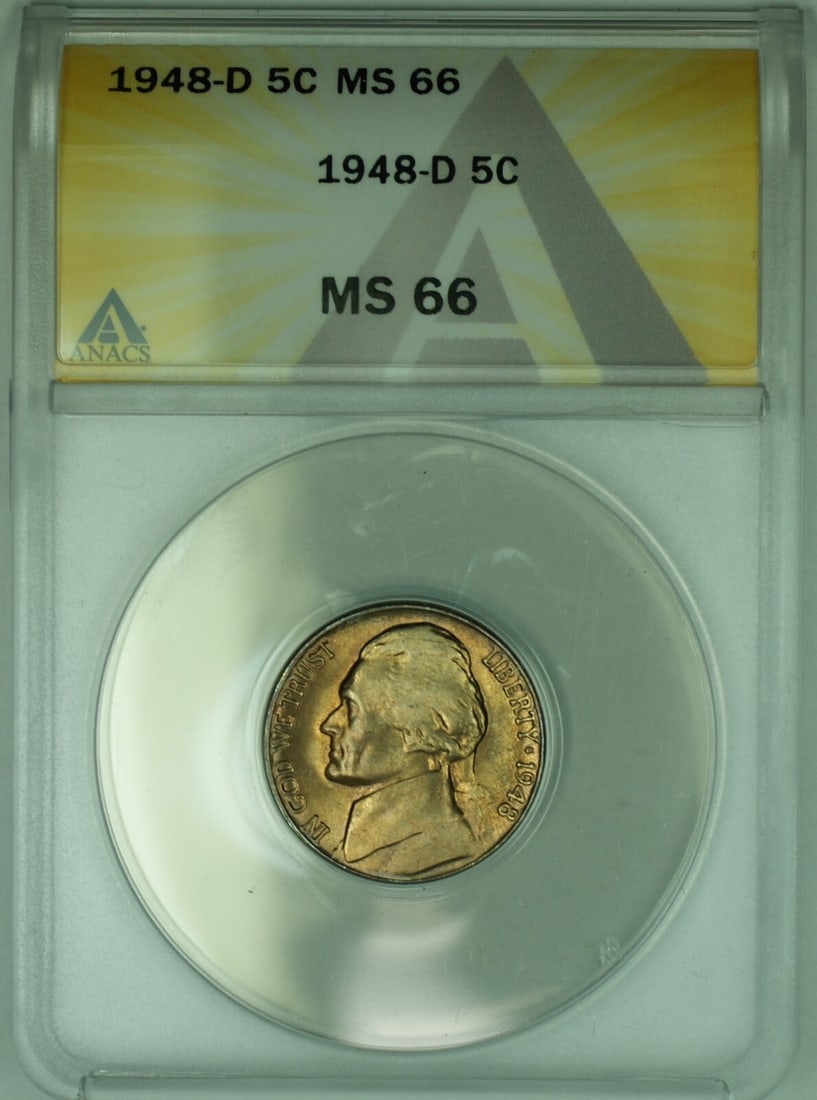 ANACS MS 66 1948-D Jefferson Nickel 5 Cent Uncirculated Toned: ANACS MS 66 1948-D Jefferson Nickel 5 Cent Uncirculated Toned This 1948-D Jefferson Nickel is a 5-cent coin from the United States, featuring attractive toning. The coin is uncirculated and has been g