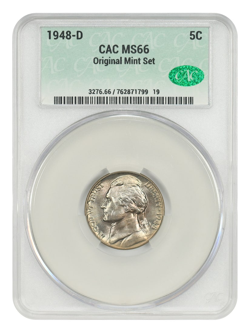 CACG MS66 1948-D Jefferson Nickel from Original Mint Set: CACG MS66 1948-D Jefferson Nickel from Original Mint Set This is a 1948-D Jefferson Nickel graded MS66 by CACG. The coin is uncirculated and originates from the Denver Mint. It is part of the original