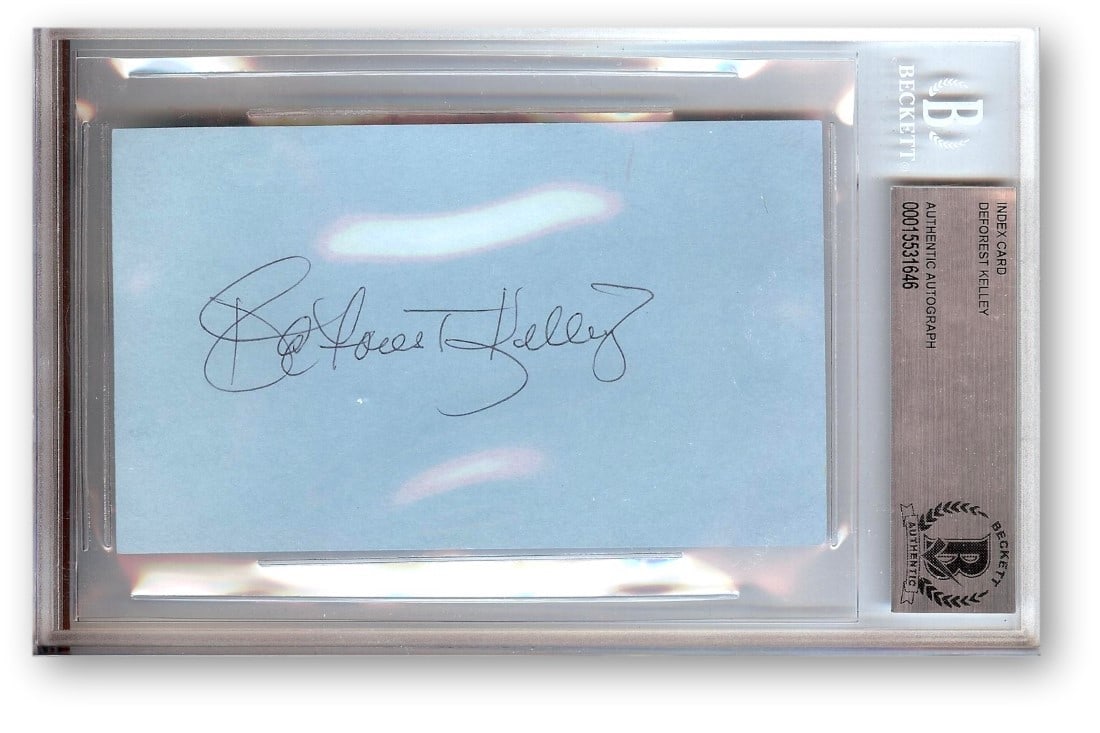 DeForest Kelley Autographed Index Card Star Trek Bones McCoy Beckett Authenticated: DeForest Kelley Autographed Index Card Star Trek Bones McCoy Beckett Authenticated This is an original autographed index card featuring DeForest Kelley, renowned for his role as Dr. Leonard "Bones" Mc