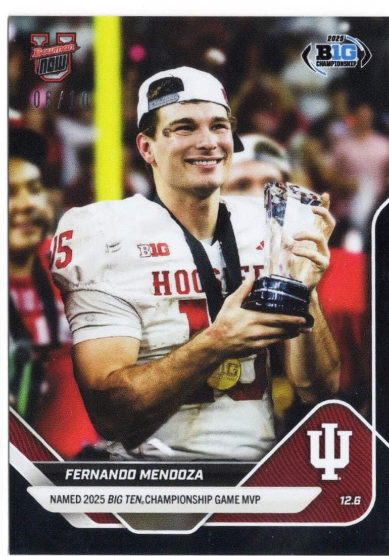 Fernando Mendoza Black Foil Rookie Card Bowman U Now /10 2025: Fernando Mendoza Black Foil Rookie Card Bowman U Now /10 2025 This is an original 2025 Topps Bowman U Now Fernando Mendoza #58 Black Foil Rookie Football Card, limited to just 10 copies. The card feat