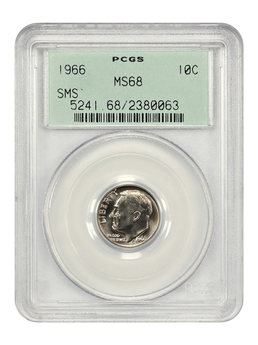 PCGS SP68 1966 Roosevelt Dime Special Mint Set Old Green Holder: PCGS SP68 1966 Roosevelt Dime Special Mint Set Old Green Holder This 1966 Roosevelt Dime is graded SP68 by PCGS and is part of the Special Mint Set. The coin features a flashy luster and remains uncir