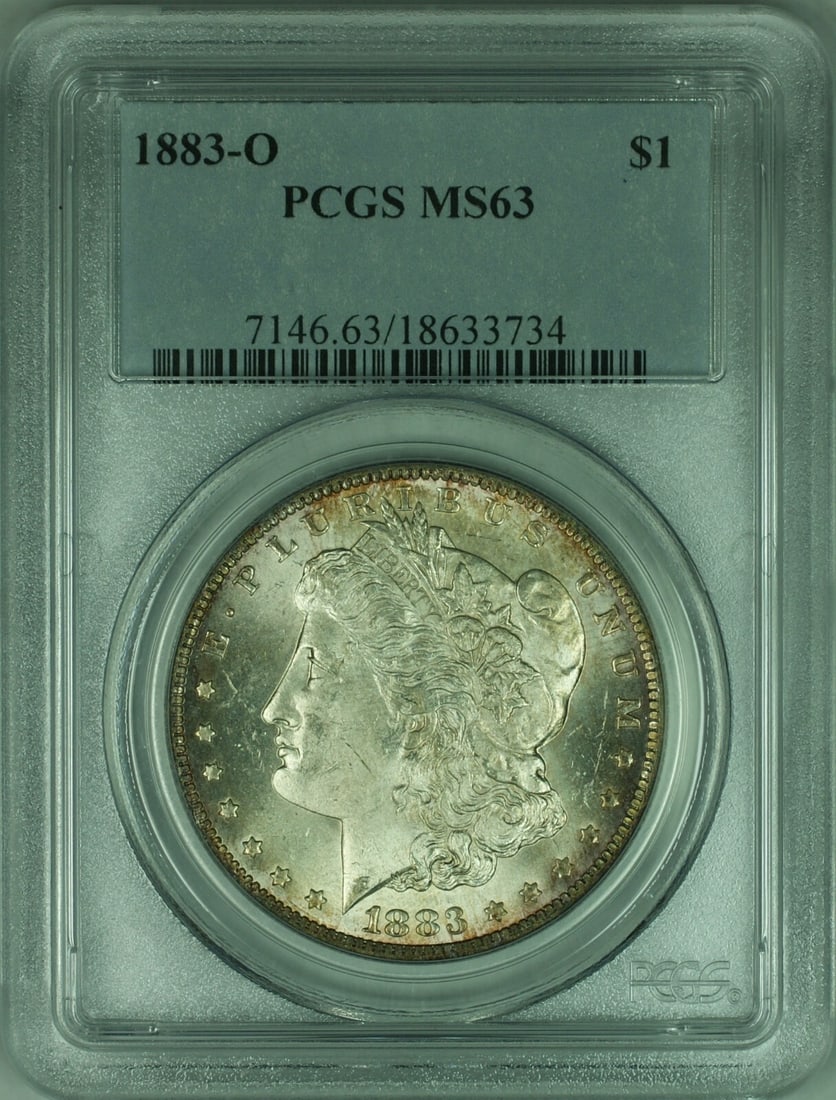 PCGS MS63 1883-O Morgan Dollar Silver $1 New Orleans Light Toning: PCGS MS63 1883-O Morgan Dollar Silver $1 New Orleans Light Toning This 1883-O Morgan Silver Dollar is an uncirculated coin graded MS63 by PCGS. Minted in New Orleans, it features a lightly toned finis