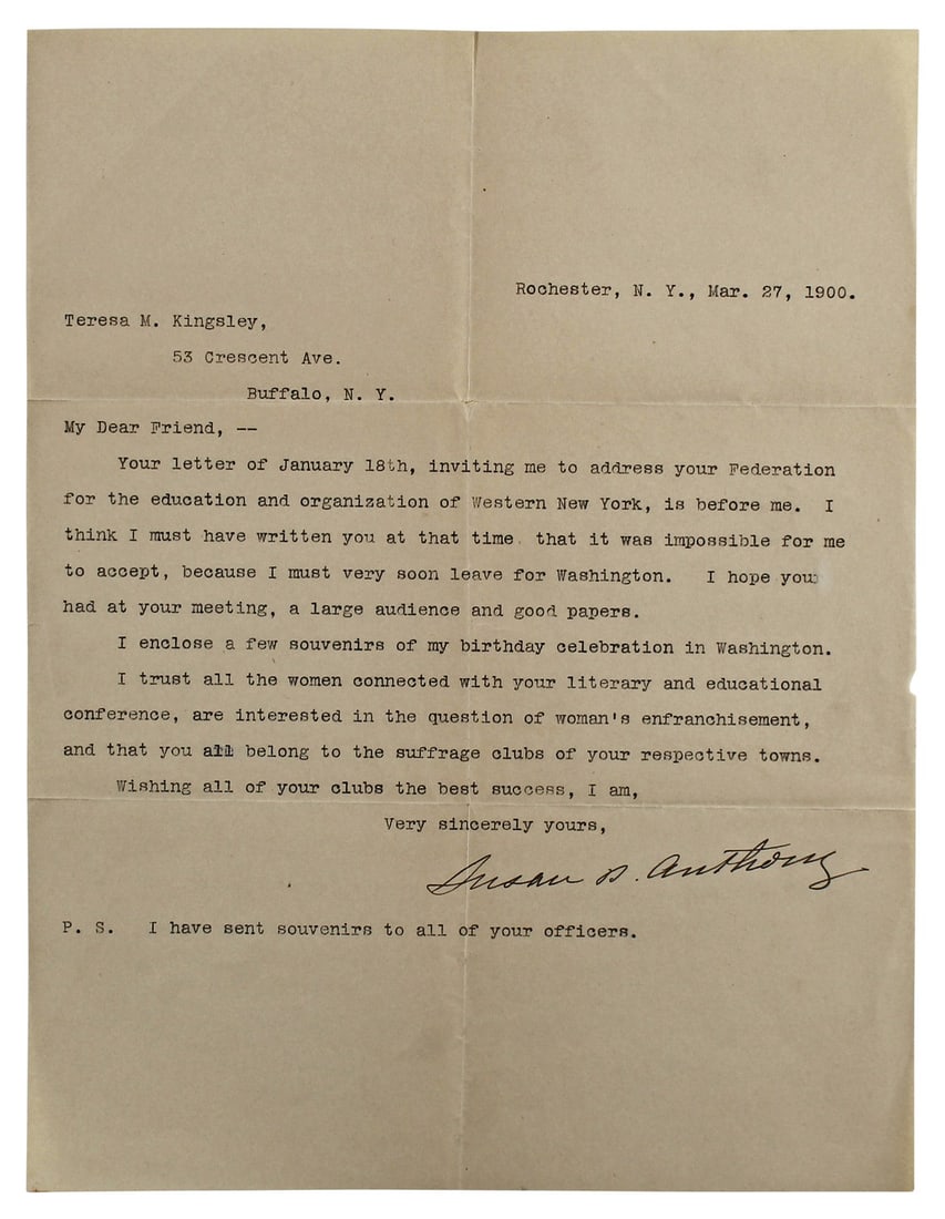 Susan B. Anthony Signed Letter 8.25x10.75 1900 Beckett Authenticated (1 of 9)