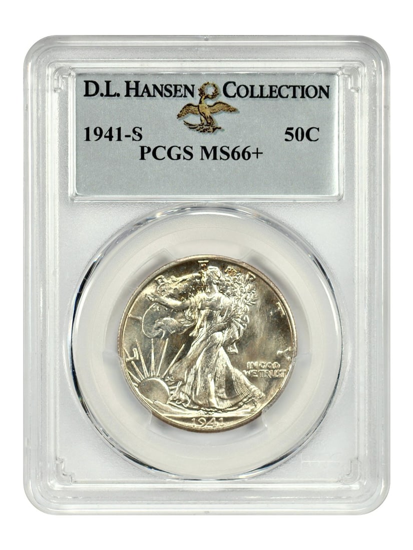 PCGS MS66 Plus 1941-S Walking Liberty 50C ex D L Hansen: PCGS MS66 Plus 1941-S Walking Liberty 50C ex D L Hansen This 1941-S Walking Liberty Half Dollar is graded MS66+ by PCGS and originates from the D.L. Hansen collection. The coin features light golden t