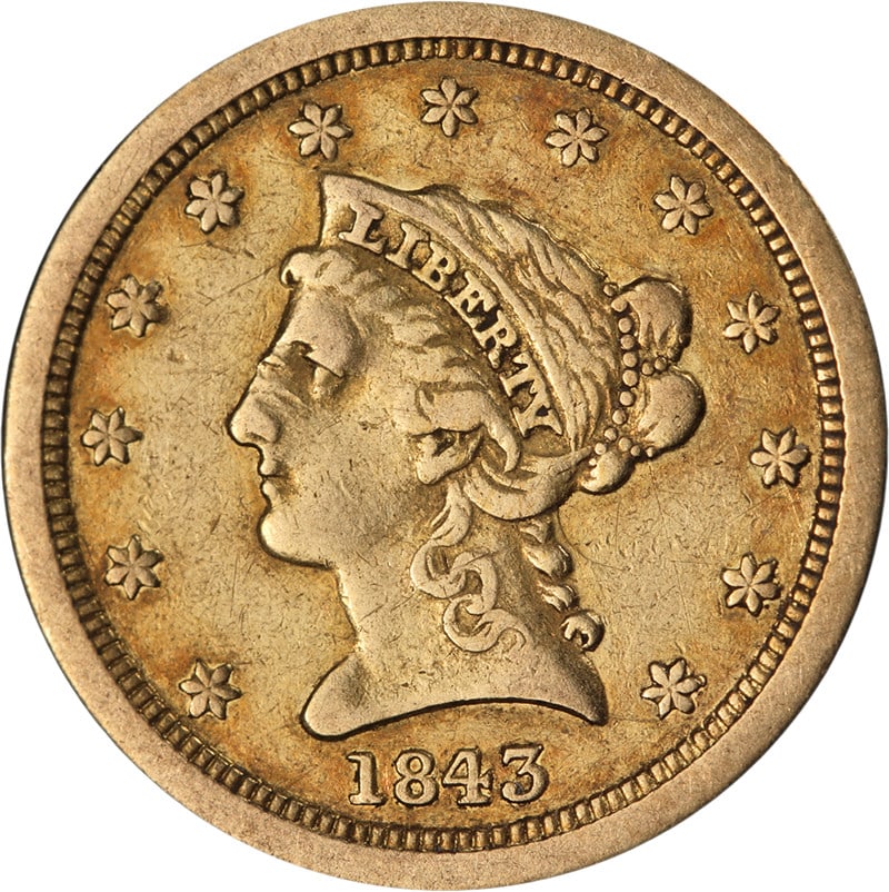 1843-O United States Liberty $2.50 Gold Coin F/VF New Orleans Mint: 1843-O United States Liberty $2.50 Gold Coin F/VF New Orleans Mint This 1843-O Liberty Gold $2.50 coin features the Liberty design and was minted in New Orleans. It is composed of gold with a fineness