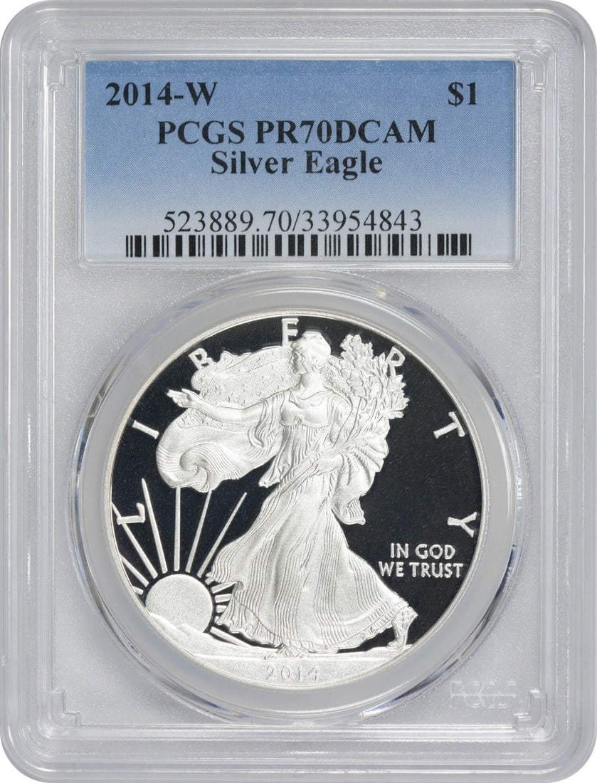 2014 PCGS PR70 Proof Silver American Eagle Dollar Coin 1 oz Deep Cameo: 2014 PCGS PR70 Proof Silver American Eagle Dollar Coin 1 oz Deep Cameo This 2014-W American Silver Eagle Dollar features a proof strike and is graded PR70 Deep Cameo by PCGS. Minted by the U.S. Mint,