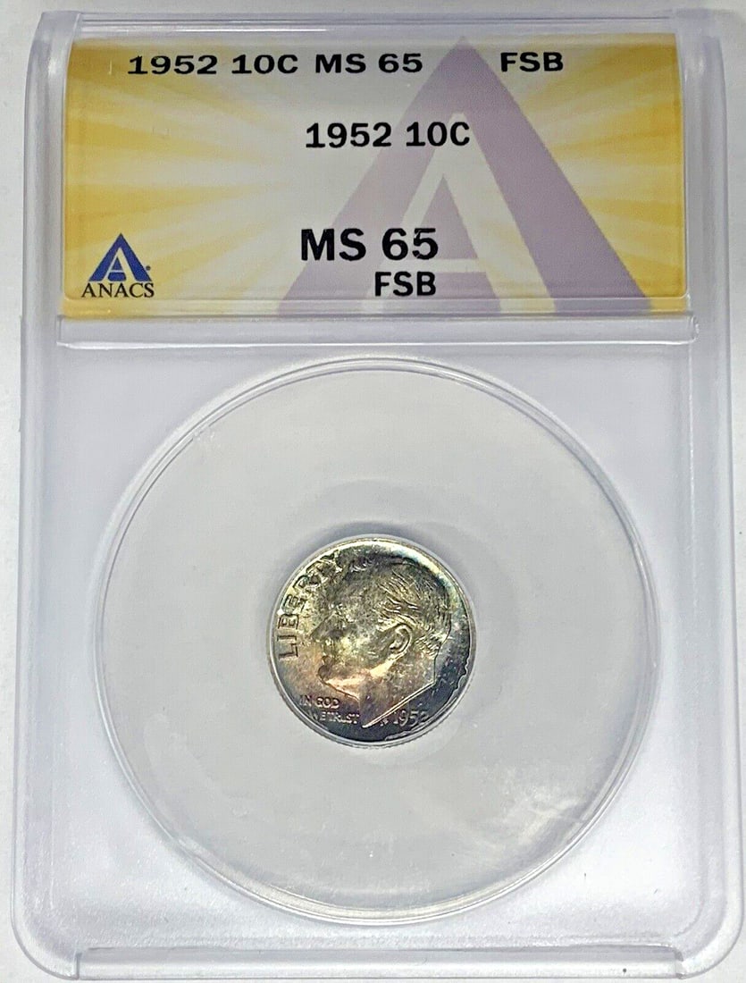 1952 Silver Roosevelt Dime ANACS MS 65 FB Vibrant Toning: 1952 Silver Roosevelt Dime ANACS MS 65 FB Vibrant Toning This is a 1952 Roosevelt Dime with a denomination of 10 cents, featuring a colorful tone. Certified by ANACS with a grade of MS 65 FB, this unc