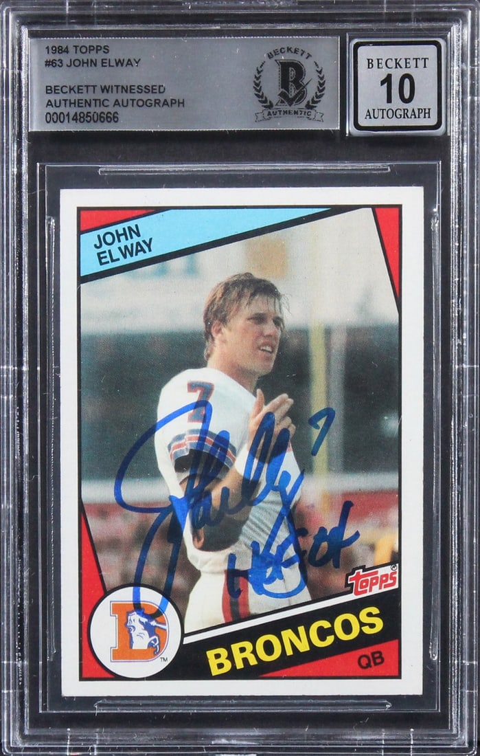 John Elway Signed 1984 Topps #63 Rookie Card HOF 04 Gem Mint 10 Beckett Authenticated: John Elway Signed 1984 Topps #63 Rookie Card HOF 04 Gem Mint 10 Beckett Authenticated This is an authentic 1984 Topps #63 Rookie Card of John Elway, featuring the inscription "HOF 04". The card has be