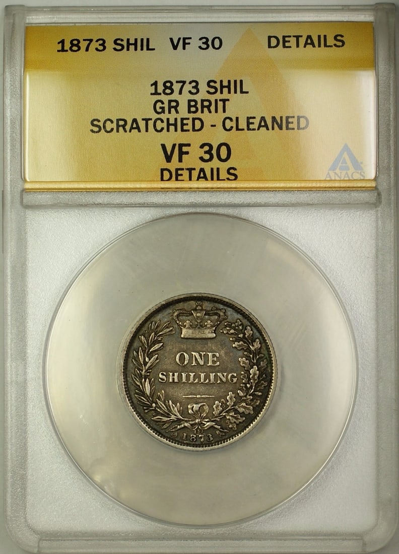 1873 ANACS VF-30 Silver Shilling from United Kingdom Die 132: 1873 ANACS VF-30 Silver Shilling from United Kingdom Die 132 This 1873 Die 132 Great Britain shilling coin is composed of silver and has been certified by ANACS with a grade of VF-30 Details, indicati