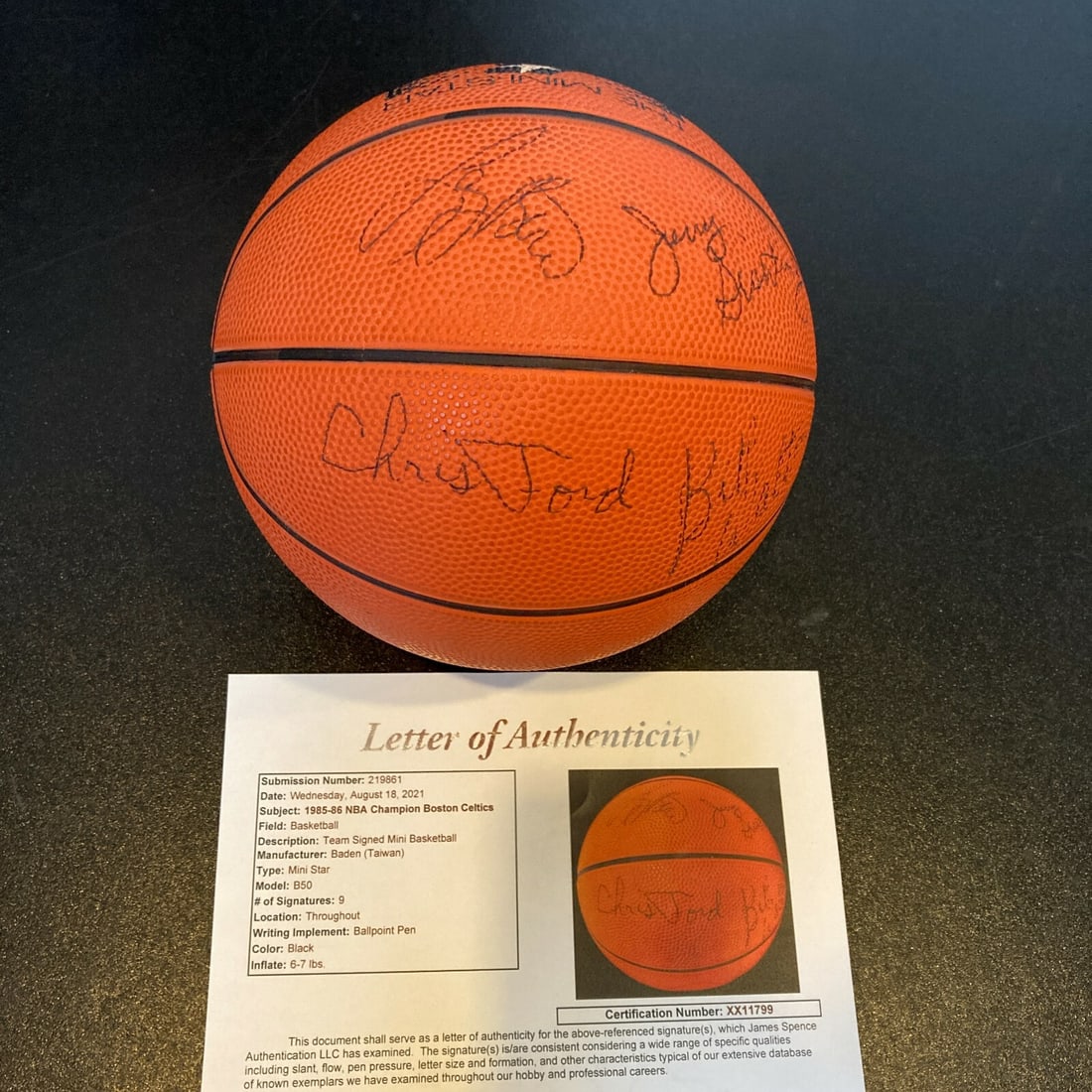 1985-86 Boston Celtics Team Signed Mini Basketball with JSA COA: 1985-86 Boston Celtics Team Signed Mini Basketball with JSA COA This is a mini basketball commemorating the 1985-86 Boston Celtics NBA Championship team, featuring the authentic signatures of multiple