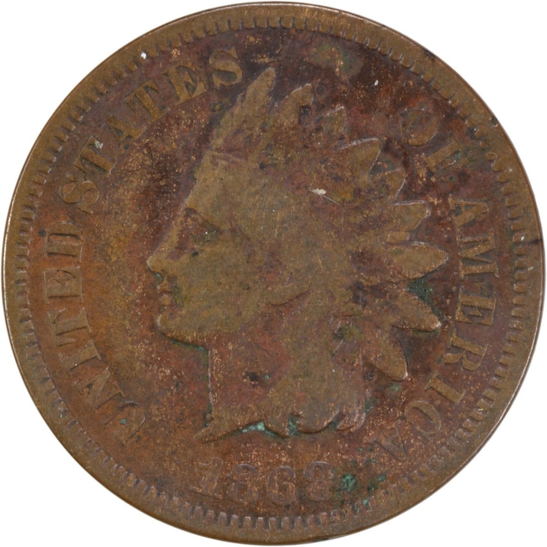 1868 Indian Head Cent G Grade Uncertified 19mm Coin: 1868 Indian Head Cent G Grade Uncertified 19mm Coin This 1868 Indian Cent is a historical piece from the United States, featuring the renowned design by James Barton Longacre. It is categorized as a '