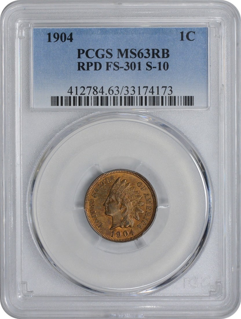PCGS MS63RB 1904 Indian Head Cent RPD FS-301 Copper Coin: PCGS MS63RB 1904 Indian Head Cent RPD FS-301 Copper Coin This is an uncirculated 1904 Indian Head Cent featuring the RPD FS-301 variety, graded MS63RB by PCGS. The coin is composed of copper and was m