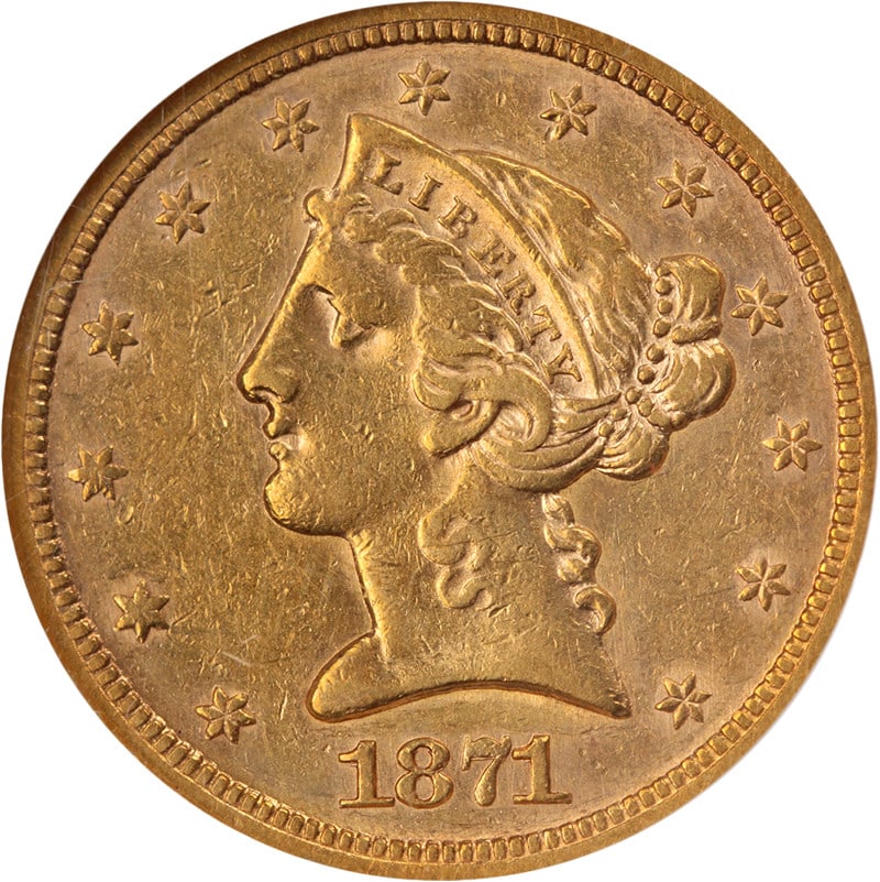 NGC AU50 1871-S Liberty Head Five Dollar Gold Coin United States: NGC AU50 1871-S Liberty Head Five Dollar Gold Coin United States This 1871-S Liberty Gold $5 coin has been graded AU50 by NGC. Featuring attractive color and nice surfaces, it offers strong eye appeal