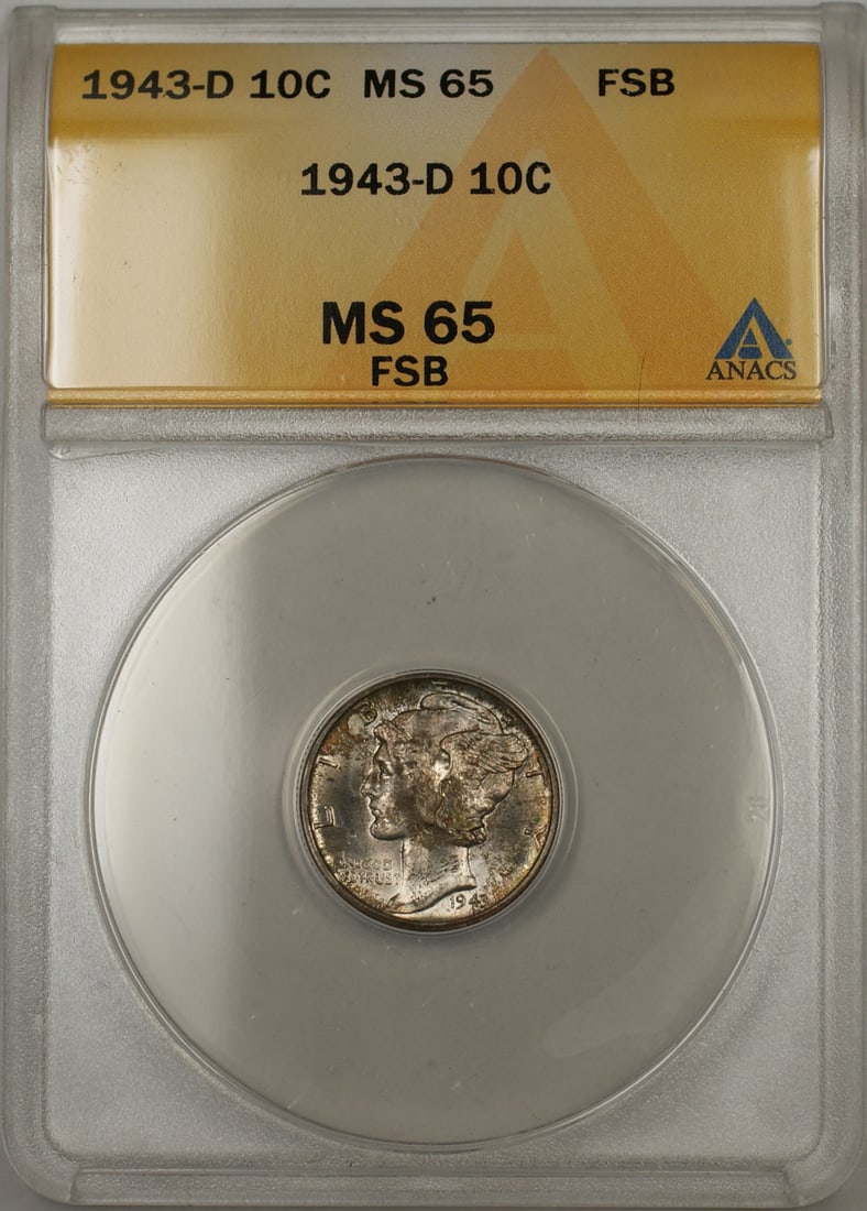ANACS MS-65 1943-D Silver Dime Full Bands Uncirculated Denver Mint: ANACS MS-65 1943-D Silver Dime Full Bands Uncirculated Denver Mint This 1943-D Mercury Dime is graded MS-65 by ANACS and features full split bands with a proof-like obverse and toning. Minted in Denve