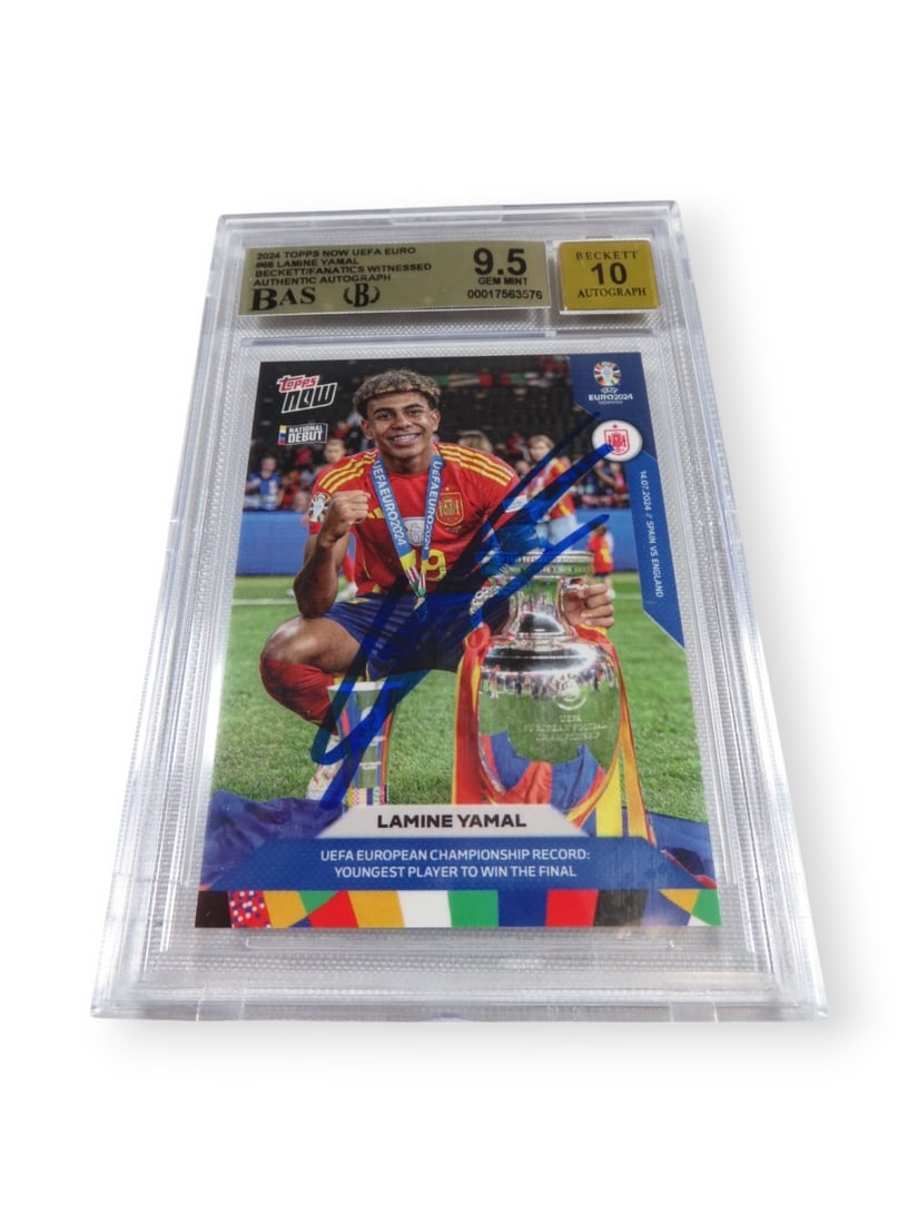 Lamine Yamal 2024 Topps Now UEFA Hand Signed Autograph BGS 9.5 Soccer Card #66: Lamine Yamal 2024 Topps Now UEFA Hand Signed Autograph BGS 9.5 Soccer Card #66 This 2024 Topps Now UEFA soccer card features a hand-signed autograph by rising star Lamine Yamal. Graded by Beckett Grad