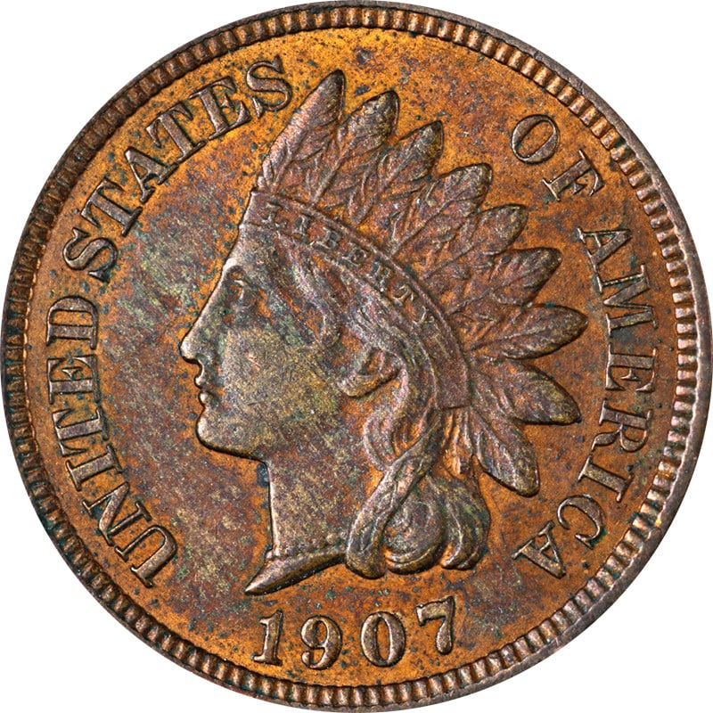 1907 Copper Indian Head Cent Red and Brown Tones: 1907 Copper Indian Head Cent Red and Brown Tones This 1907 Indian Cent features a red and brown patina. The coin is composed of copper and has been circulated. It is uncertified and originates from th