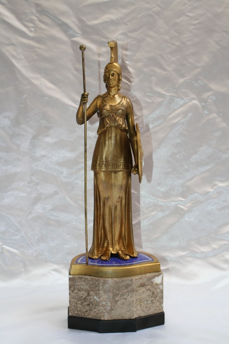 Hans Keck Art Deco Bronze Athena Statue with Mosaic Base: Hans Keck Art Deco Bronze Athena Statue with Mosaic Base This exquisite German Art Deco bronze statue of Athena, created by Hans Keck, captures the elegance and craftsmanship of the era (circa 1900-19