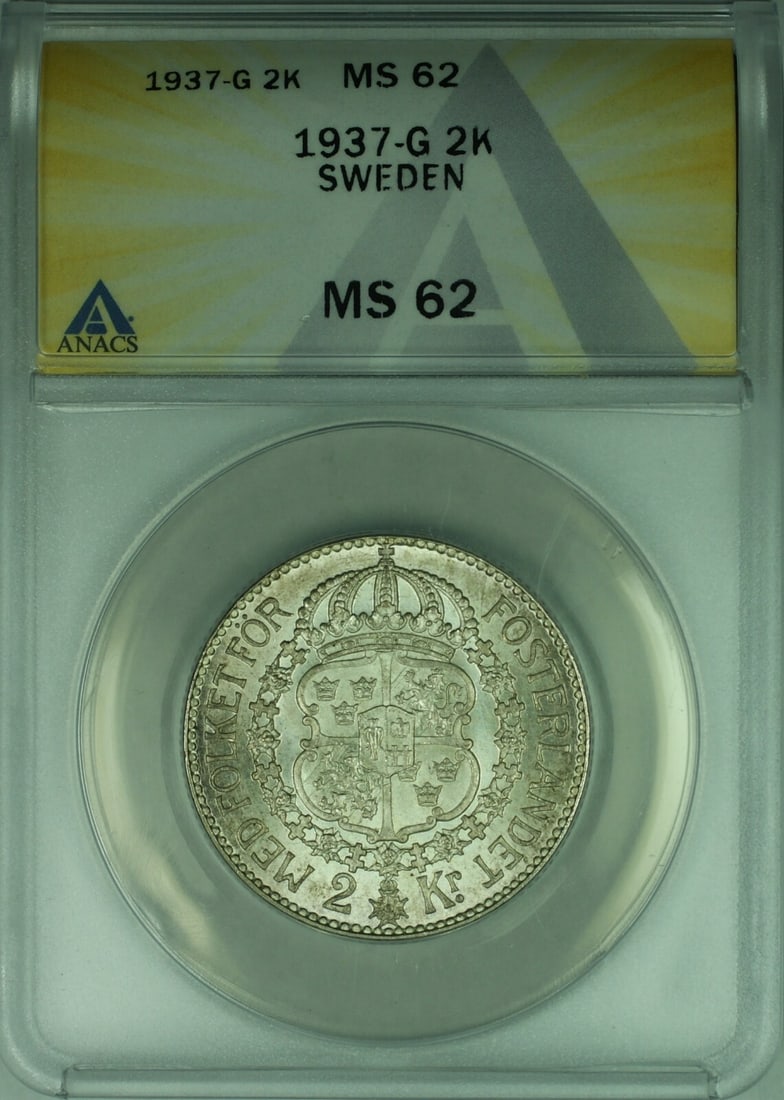 Sweden 1937-G 2 Kronor Silver Uncirculated Coin ANACS MS-62 Certified: Sweden 1937-G 2 Kronor Silver Uncirculated Coin ANACS MS-62 Certified This 1937-G Sweden 2 Kronor coin is composed of silver with a fineness of 0.8. Graded MS-62 by ANACS, this uncirculated coin is a