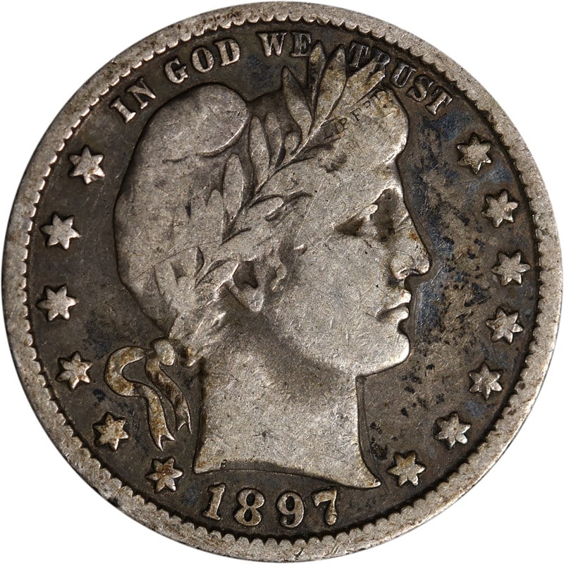 Silver Quarter 1897 New Orleans Mint Barber Series Coin: Silver Quarter 1897 New Orleans Mint Barber Series Coin This 1897-O Barber Quarter is a circulated silver coin minted in New Orleans. It is a pre-owned collectible from the United States and remains u