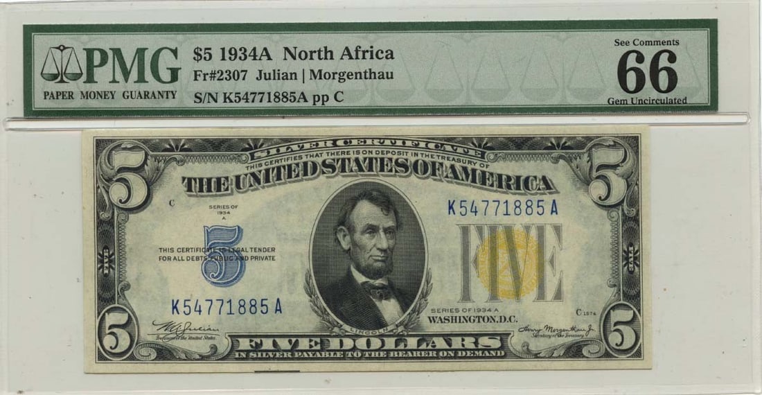 1934A $5 North Africa WWII Emergency Note PMG Gem 66: 1934A $5 North Africa WWII Emergency Note PMG Gem 66 This 1934A $5 North Africa WWII Emergency Issue note (Fr# 2307) is a remarkable piece of history. Graded at MS66 by PMG, it is in uncirculated cond