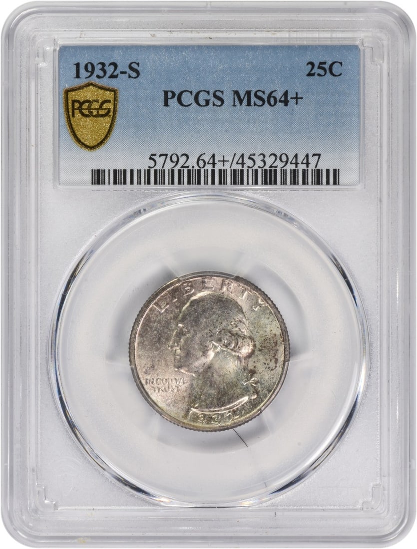 PCGS MS64 Plus 1932 San Francisco Washington 25 Cent Silver Coin: PCGS MS64 Plus 1932 San Francisco Washington 25 Cent Silver Coin This 1932-S Washington Quarter is certified MS64+ by PCGS. Struck at the San Francisco Mint, it features a composition of 90% silver an