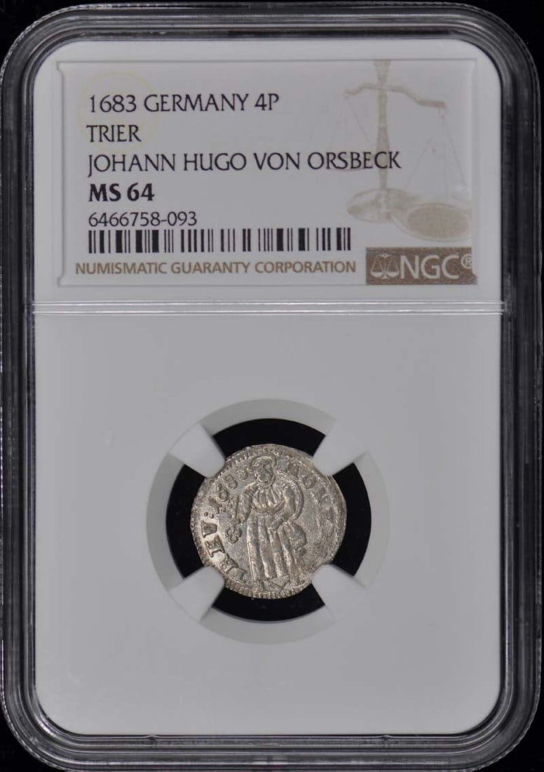 1683 4 Pence Johann Hugo Von Orsbeck Trier NGC MS63 Uncirculated Coin: 1683 4 Pence Johann Hugo Von Orsbeck Trier NGC MS63 Uncirculated Coin This 1683 German 4 Pence coin, featuring Johann Hugo Von Orsbeck of Trier, has been certified by NGC with a grade of MS63. It is i