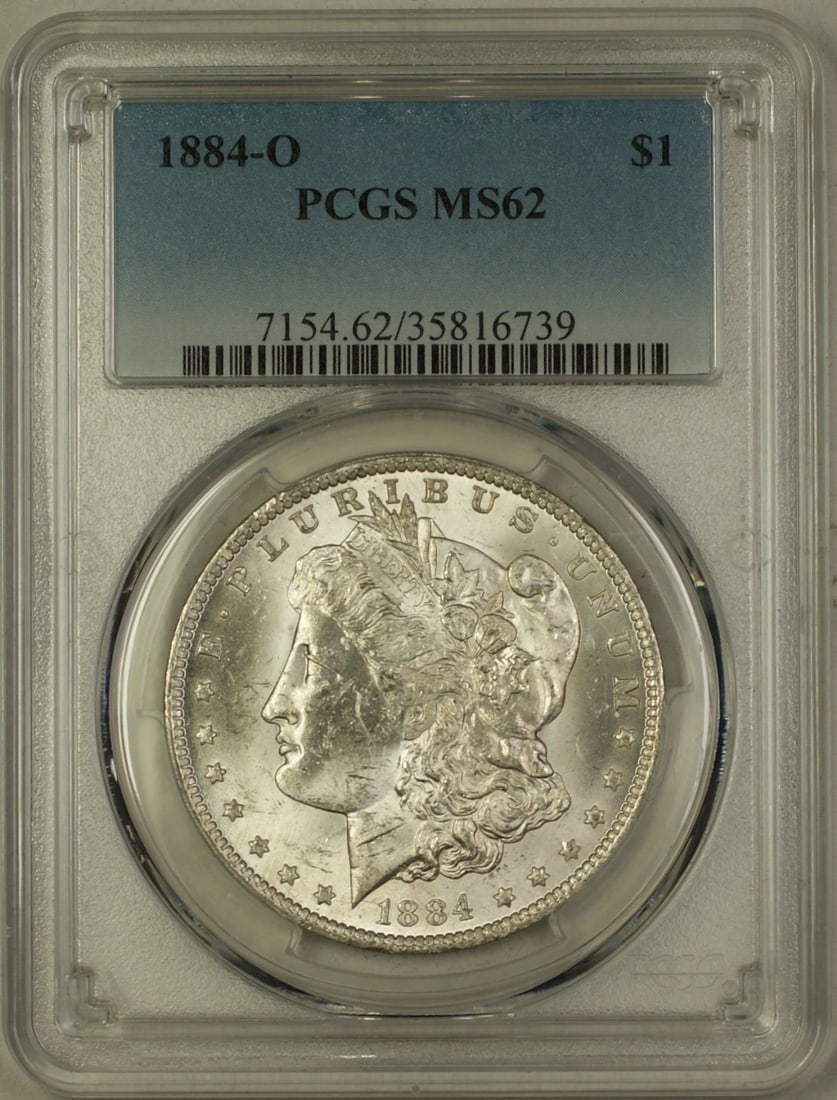 PCGS MS62 1884-O Silver Morgan Dollar Uncirculated $1 Coin: PCGS MS62 1884-O Silver Morgan Dollar Uncirculated $1 Coin This is an 1884-O Morgan Silver Dollar $1 coin graded MS-62 by PCGS. Minted in New Orleans, this uncirculated coin is composed of silver and