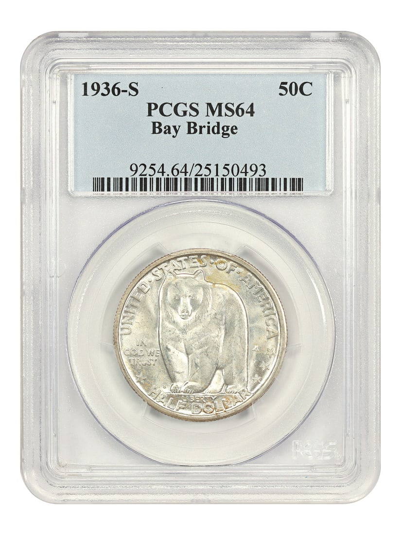 1936 San Francisco Bay Bridge Half Dollar Silver Commemorative PCGS MS64: 1936 San Francisco Bay Bridge Half Dollar Silver Commemorative PCGS MS64 This 1936-S Bay Bridge half dollar is a classic silver commemorative coin graded MS64 by PCGS. Struck in San Francisco to comme