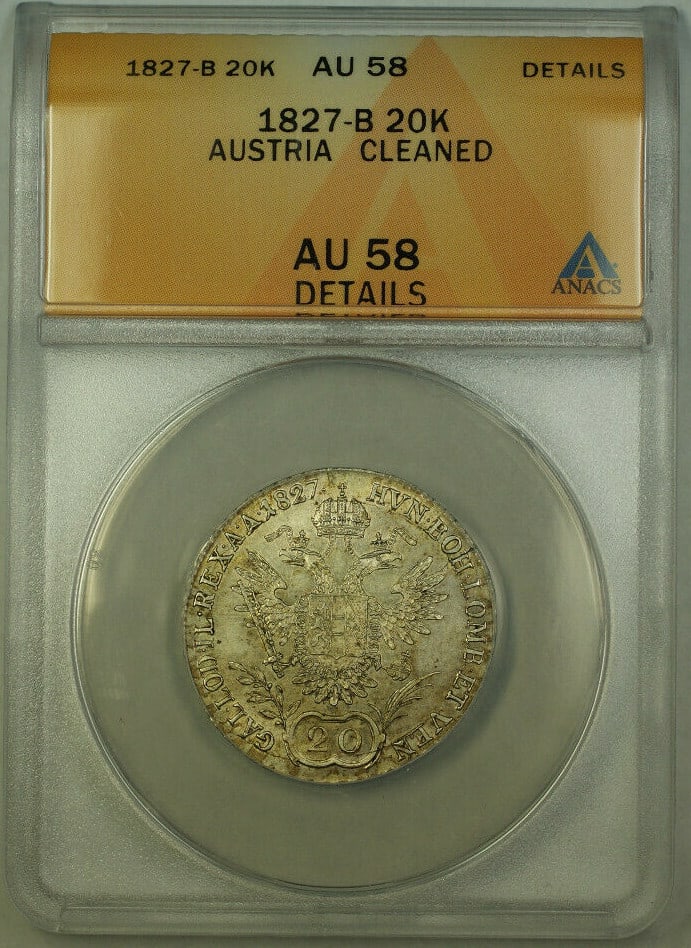 Austria 1827-B 20 Kreuzer Silver ANACS AU-58 Details Graded Coin: Austria 1827-B 20 Kreuzer Silver ANACS AU-58 Details Graded Coin This 1827-B Austria 20 Kreuzer silver coin features Francis I and is composed of 0.583 fineness silver. Graded AU-58 Details by ANACS,