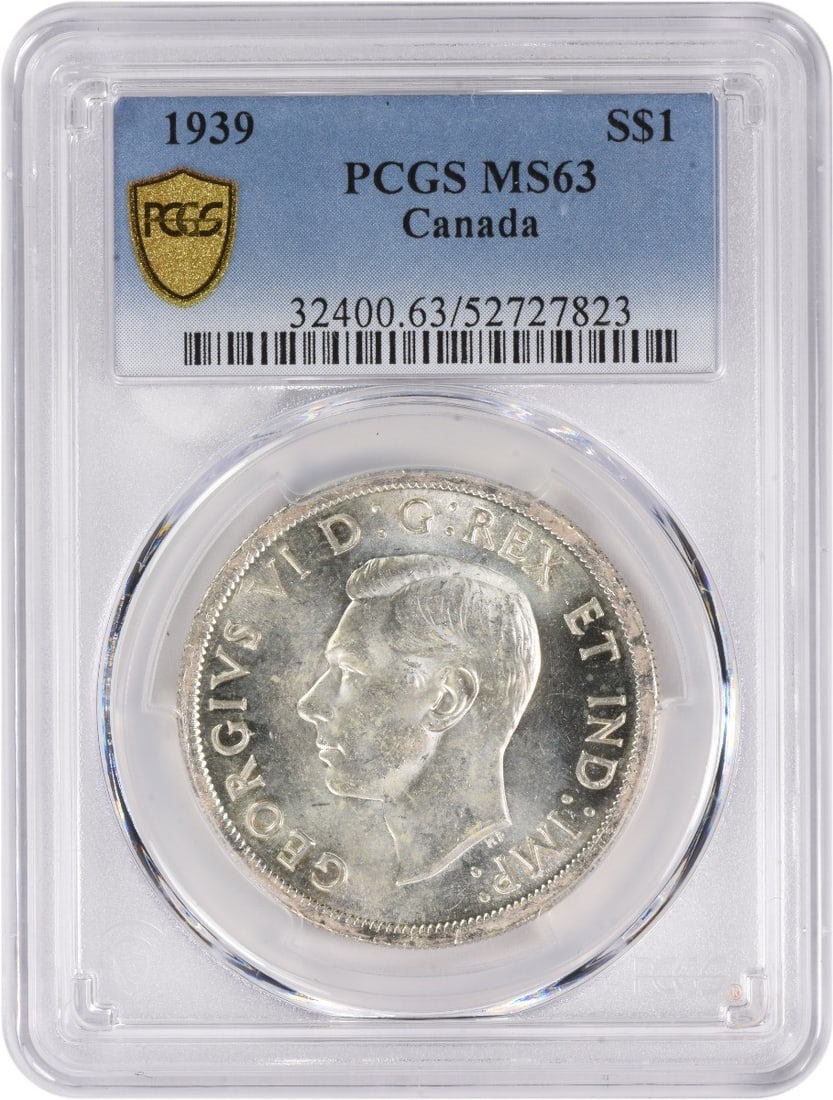 PCGS MS63 Canadian 1939 Dollar Coin KM38 Uncirculated: PCGS MS63 Canadian 1939 Dollar Coin KM38 Uncirculated This 1939 Canada 1 Dollar coin is graded MS63 by PCGS, indicating it is in uncirculated condition. It is a pre-owned collectible and features the