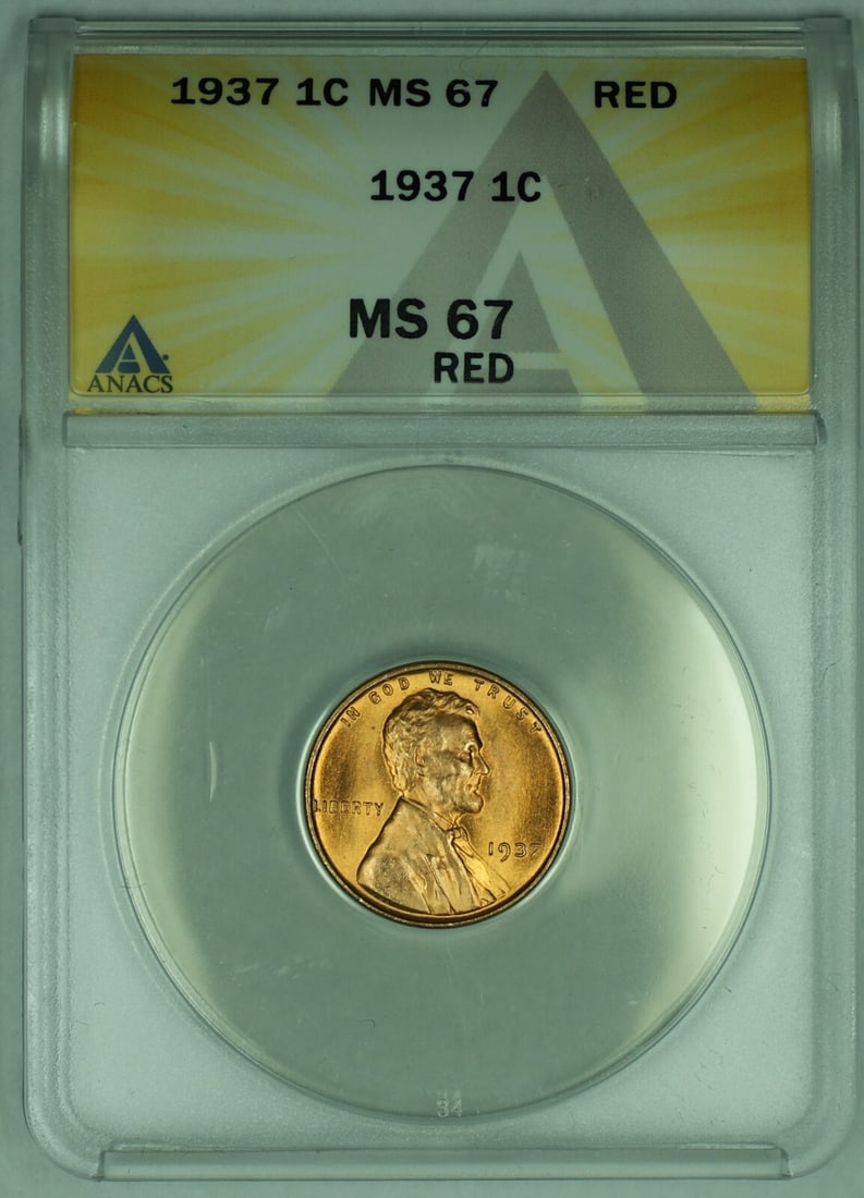 1937 Lincoln Wheat Cent ANACS MS 67 Red Certified US Coin: 1937 Lincoln Wheat Cent ANACS MS 67 Red Certified US Coin This 1937 Lincoln Wheat Cent is a small cent coin from the United States, featuring an uncirculated condition and certified by ANACS with a gr