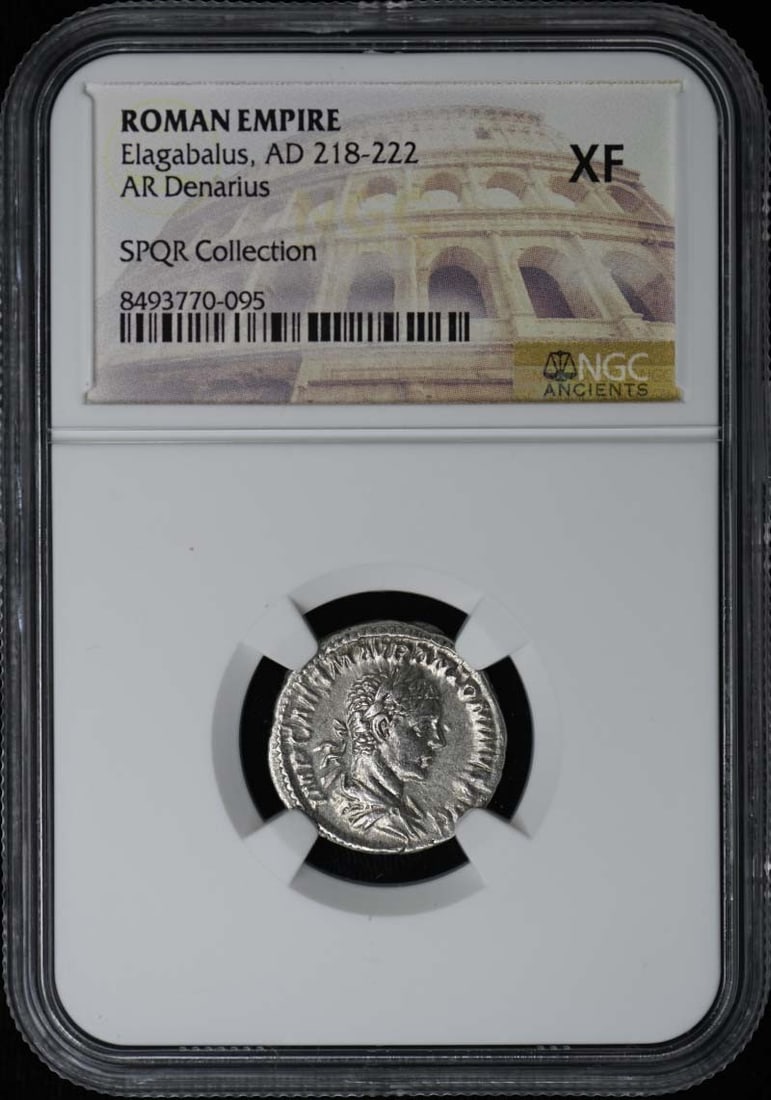 NGC XF40 Denarius Silver Coin of Elagabalus Roman Empire AD 218-222: NGC XF40 Denarius Silver Coin of Elagabalus Roman Empire AD 218-222 This is a Roman Empire AR Denarius coin from the reign of Elagabalus, dated AD 218-222. The coin has been certified by NGC and grade