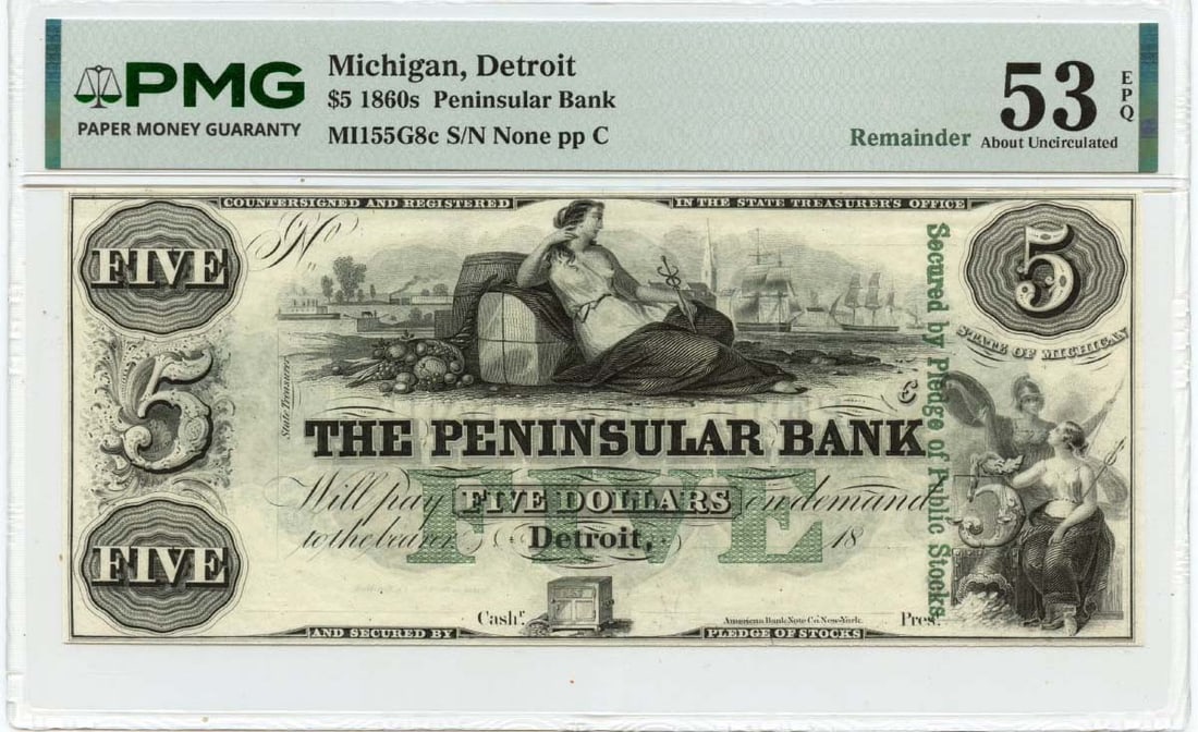 Peninsular Bank Five Dollar Detroit Obsolete Currency PMG AU53 EPQ: Peninsular Bank Five Dollar Detroit Obsolete Currency PMG AU53 EPQ This is an 1860s $5 obsolete note issued by the Peninsular Bank of Detroit, Michigan. The note is certified by PMG with a grade of AU