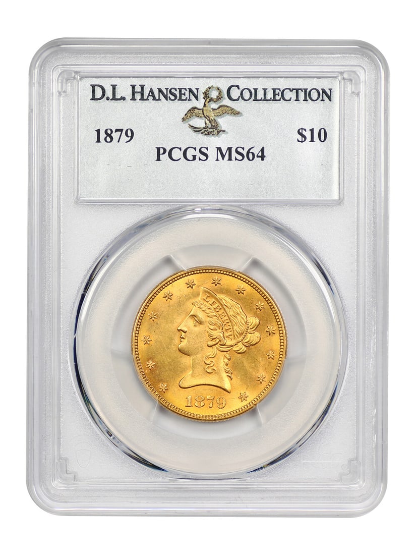 1879 $10 Liberty Head Gold Coin PCGS MS64 D.L. Hansen: 1879 $10 Liberty Head Gold Coin PCGS MS64 D.L. Hansen This 1879 $10 Liberty Head gold coin is a stunning example of numismatic craftsmanship, certified by PCGS with a grade of MS64. Struck in Philadel
